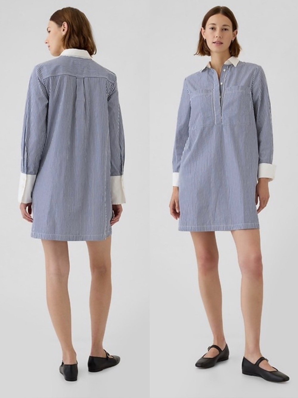Gap Mini Shirt Dress Cotton Blue White Striped Long Sleeve Collared Coastal Sz M